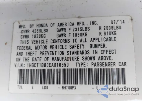 2014 Honda Accord Exl из США, поврежденный, VIN 1HGCT1B83EA016550